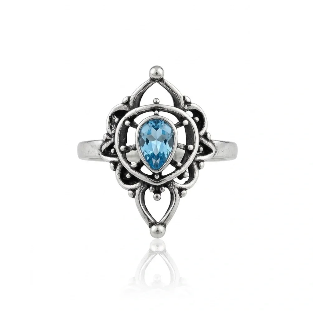 5/$15 🩷 MUST BUNDLE Silver Teardrop Blue Gem Filigree Ring